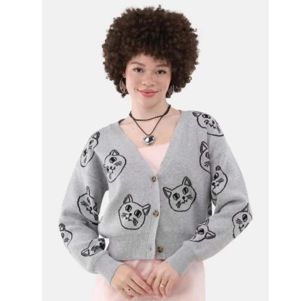 V-Neck Grey Cat Kitten Face Cropped Cardigan - XXS - Picture 9 of 12
